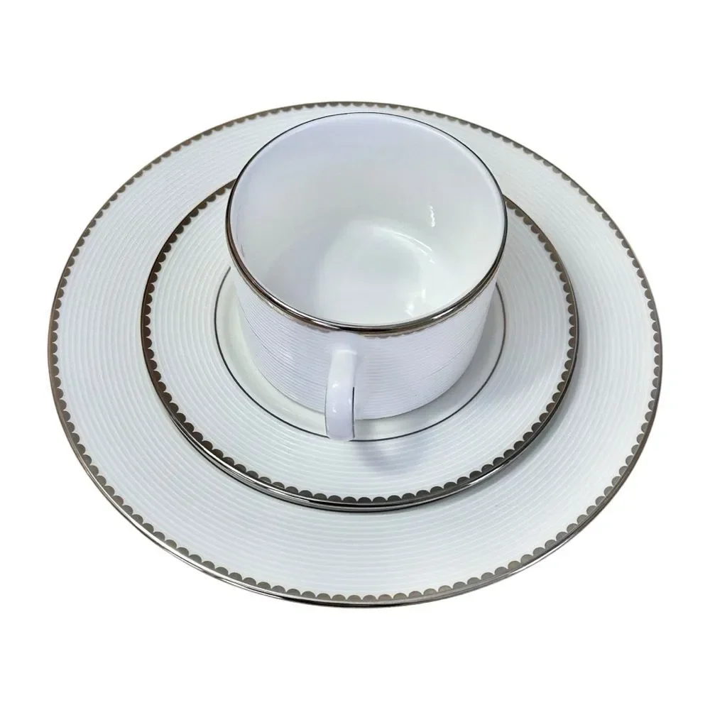 Kate Spade Lenox Sugar Pointe Teacup Saucer Salad Plate Set White Silver New